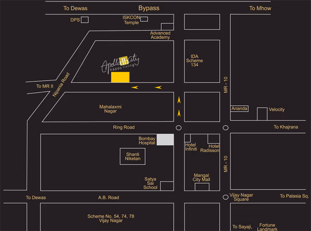 Apollo DB City – location map showing Nipania, the bypass, Ring Road and Vijay Nagar