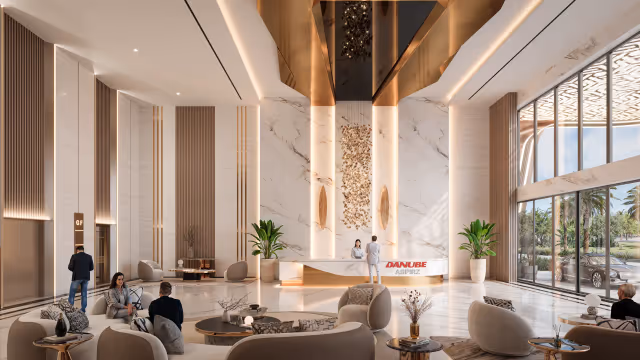 Aspirz – double-height reception lounge with marble feature wall