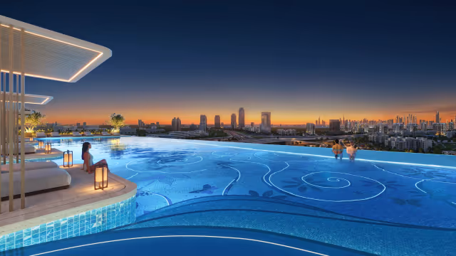 Aspirz – rooftop infinity pool at dusk facing the Dubai skyline