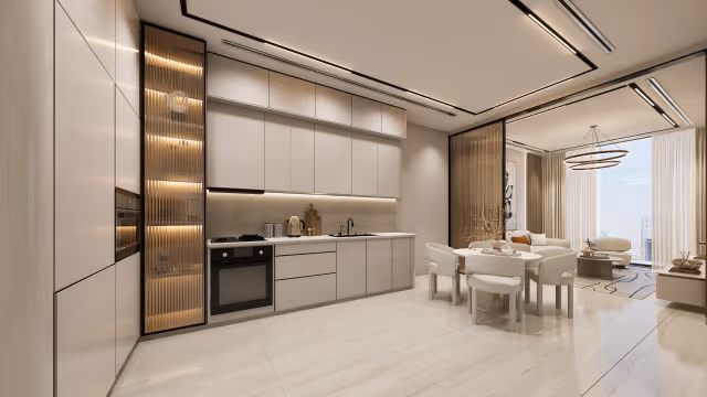 Aspirz – open kitchen and dining area in a Flex apartment
