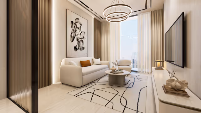 Aspirz – furnished living room with ring chandeliers