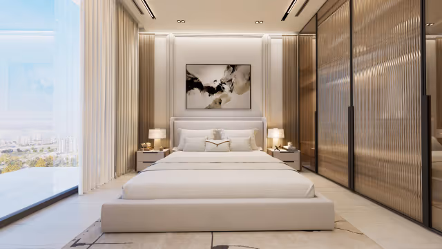 Aspirz – bedroom with floor-to-ceiling window and wardrobe wall