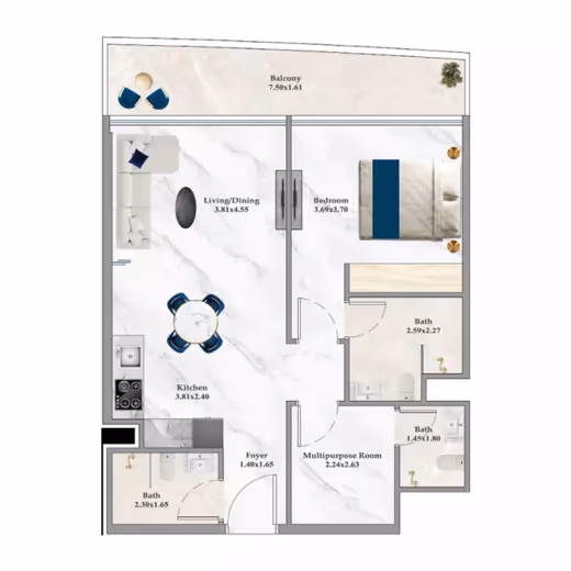 Aspirz by Danube – 1 Bedroom Flex Plus (with multipurpose room) floor plan