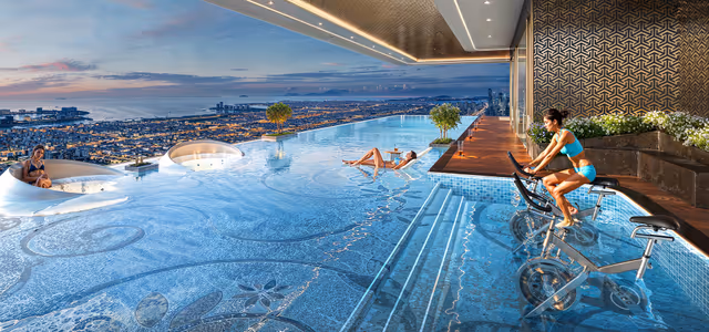 Bayz 102 – aquatic gym bikes set inside the high-floor pool with sea views
