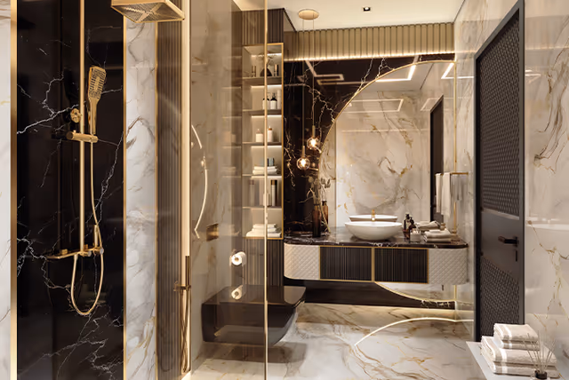 Bayz 102 – designer bathroom with black-and-gold marble finishes