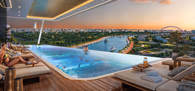 Bayz 102 – infinity pool deck overlooking the Dubai Canal at sunset