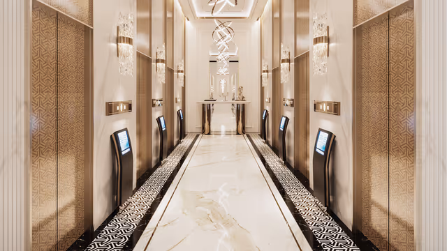 Bayz 102 – lift lobby with marble flooring and smart-call panels