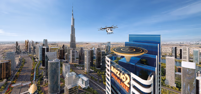 Bayz 102 – rooftop Skyway helipad with an eVTOL sky taxi approaching