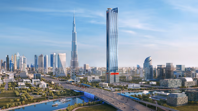 Bayz 102 – tower render over the Dubai Canal with Burj Khalifa and the metro line beyond
