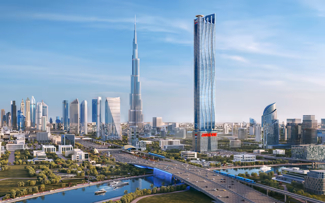 Bayz 102 – tower render over the Dubai Canal with Burj Khalifa and the metro line beyond