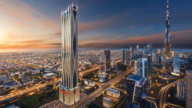 Bayz 102 – dusk aerial view of the tower with the sea and Burj Khalifa in frame