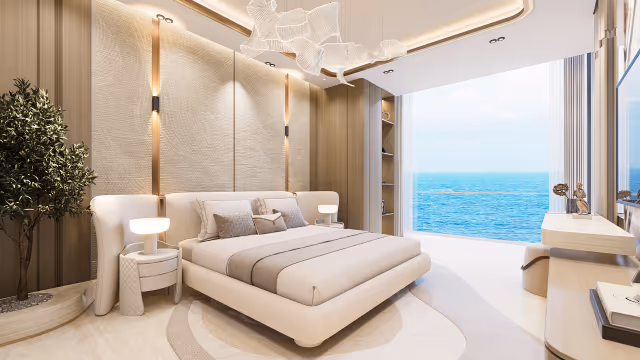 Breez by Danube – furnished bedroom opening to an ocean-facing window wall