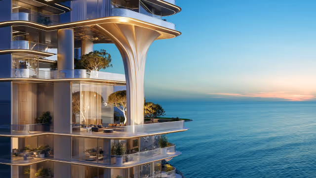 Breez by Danube – sculpted balcony facade at dusk over open sea