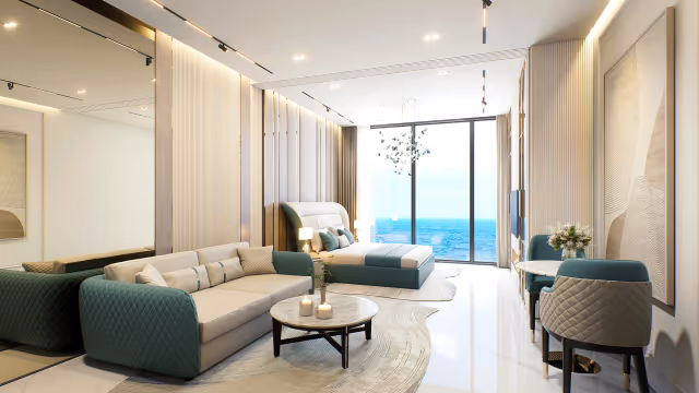 Breez by Danube – furnished studio suite with sea-facing balcony doors