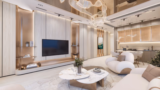 Breez by Danube – double-height lounge with media wall and open kitchen