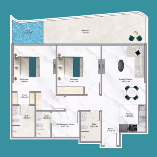 Breez by Danube – 2 Bedroom Premium floor plan