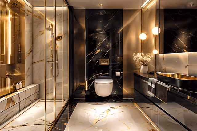 Diamondz by Danube – marble-finished bathroom with rain shower