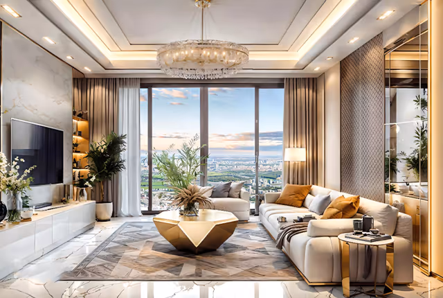 Diamondz by Danube – furnished living room with floor-to-ceiling city views