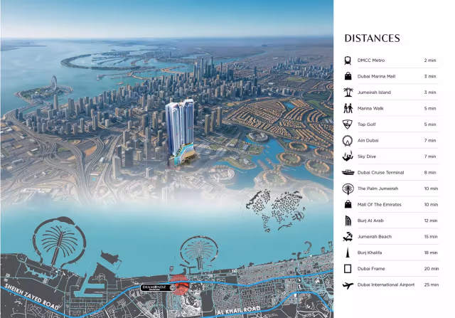 Diamondz by Danube – location map with drive times to DMCC Metro, Marina and the airport