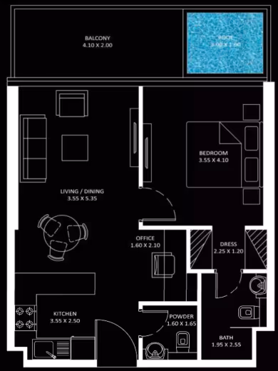 Diamondz by Danube – 1 Bedroom + office with plunge pool floor plan
