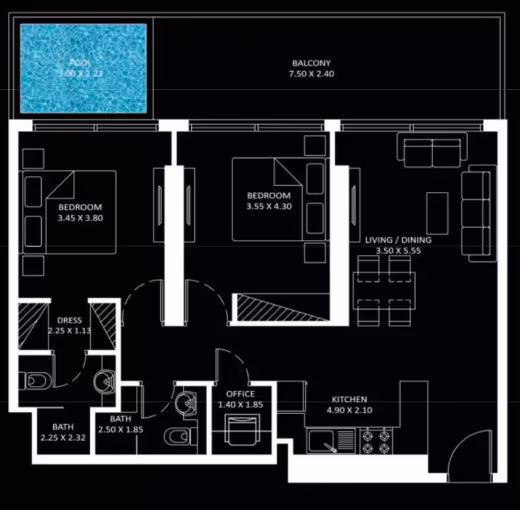 Diamondz by Danube – 2 Bedroom + office with plunge pool floor plan