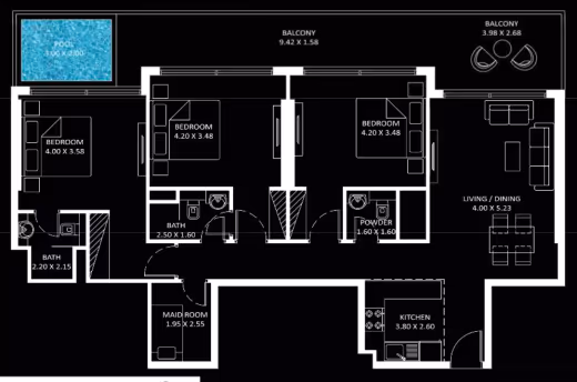 Diamondz by Danube – 3 Bedroom + maid's room with plunge pool floor plan