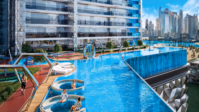Diamondz by Danube – podium pool deck with jacuzzis and Marina skyline views
