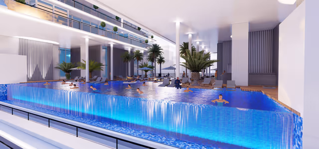 Elitz by Danube – infinity-edge pool with loungers on the amenity level