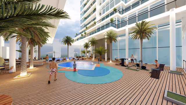Elitz by Danube – podium amenity deck with pool, palms and outdoor fitness corner