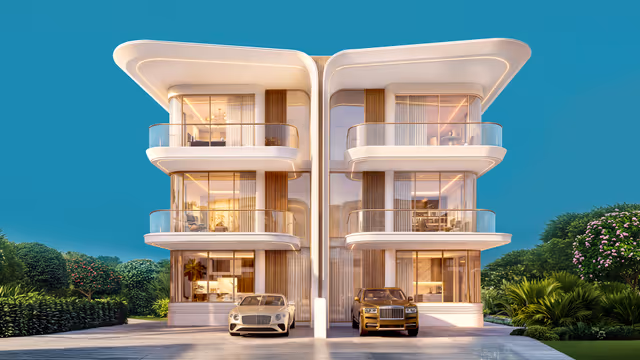 Greenz by Danube – twin villa exterior render with double balconies