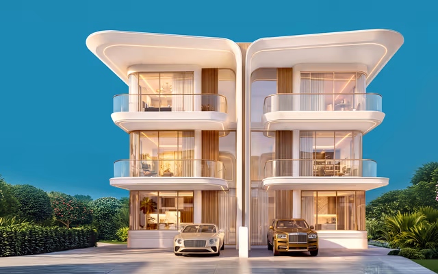 Greenz by Danube – twin villa exterior render with double balconies
