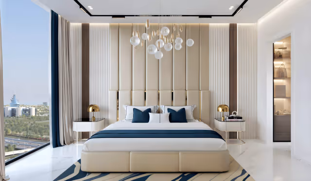 Oasiz 2 by Danube – bedroom with upholstered feature wall and floor-to-ceiling glazing