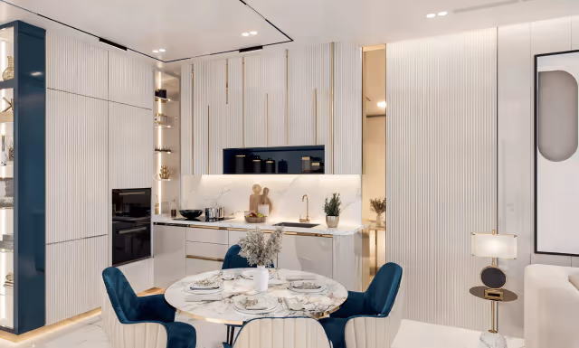 Oasiz 2 by Danube – open kitchen and round dining table in white-and-gold finishes