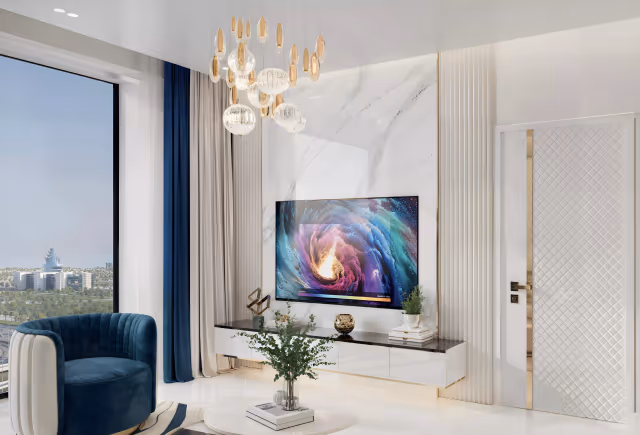 Oasiz 2 by Danube – living room with marble TV wall and DSO views