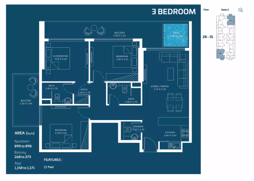 Oasiz 2 by Danube – 3 Bedroom (private pool) floor plan
