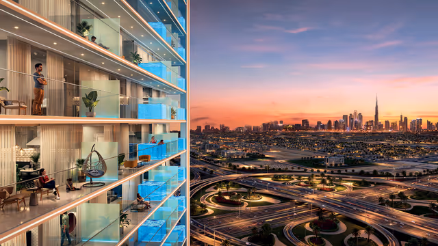 Oasiz 2 by Danube – facade close-up of balconies with private plunge pools at sunset