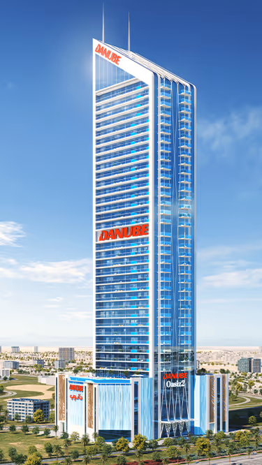 Oasiz 2 by Danube – full tower elevation above the branded podium