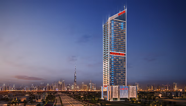 Oasiz 2 by Danube – 38-storey tower at dusk with the Burj Khalifa skyline behind