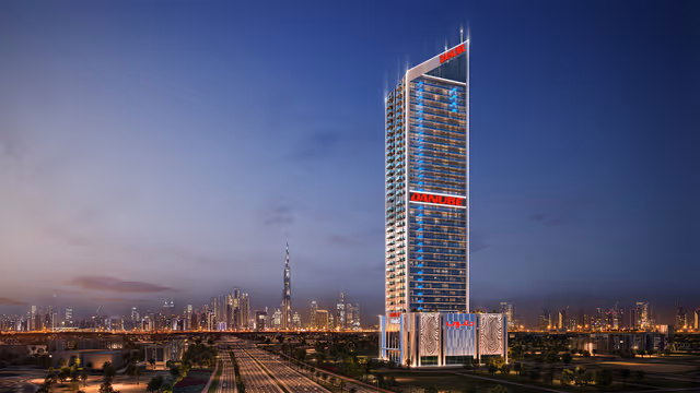 Oasiz 2 by Danube – night render with the Downtown Dubai skyline on the horizon