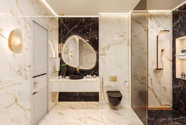 Oasiz by Danube - marble-finish bathroom with walk-in shower