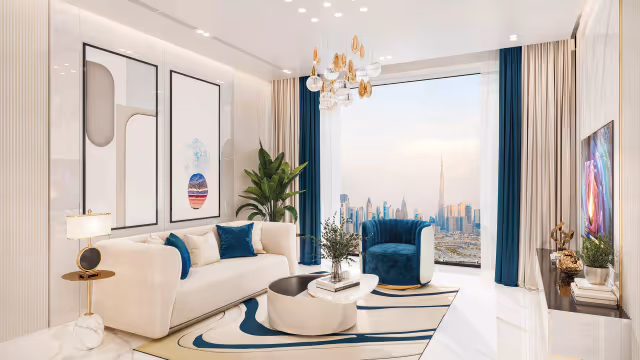 Oasiz by Danube - furnished living room with a Burj Khalifa view