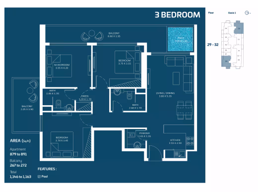 Oasiz by Danube – 3 Bedroom (private pool) floor plan
