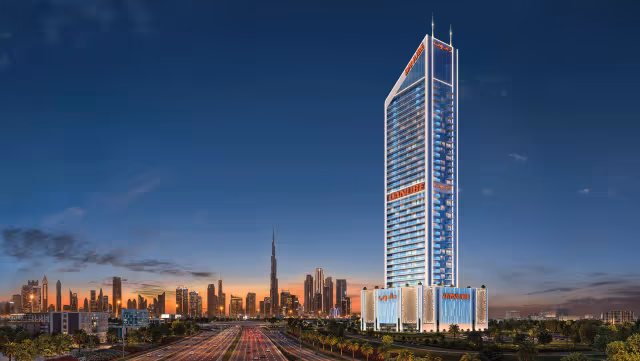 Oasiz by Danube - dusk view of the tower with the Downtown Dubai skyline behind