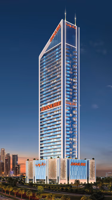 Oasiz by Danube - night render of the lit tower and podium