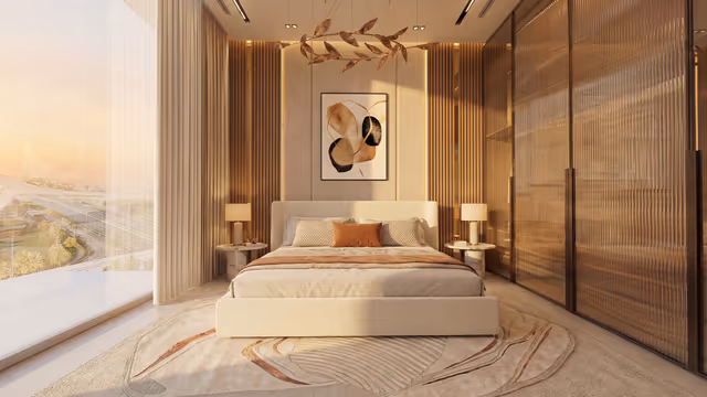 Serenz by Danube – furnished bedroom with floor-to-ceiling glazing