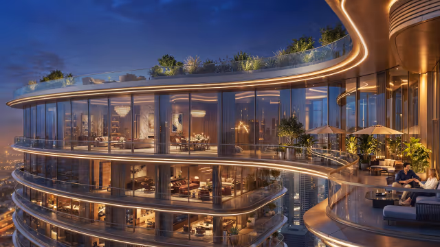 Serenz by Danube – curved glass balconies with skyline views at dusk