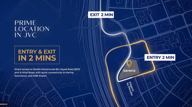 Serenz by Danube – JVC location map showing 2-minute entry and exit to Al Khail Road and E311