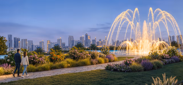 Serenz by Danube – illuminated serenity fountain against the Dubai skyline