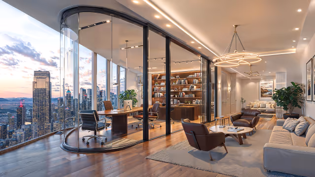 Shahrukhz by Danube – glass-walled executive cabin with lounge area