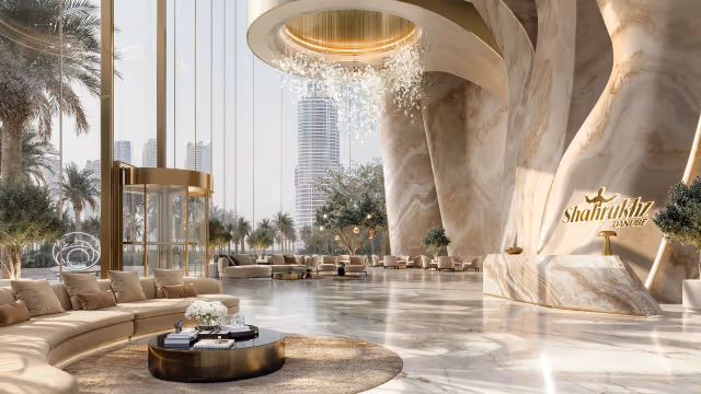 Shahrukhz by Danube – double-height grand lobby with marble reception and lounge seating